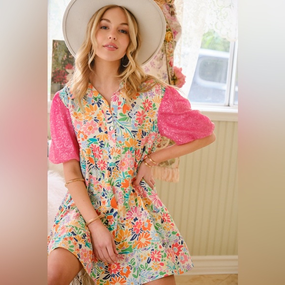 081 • Floral Button-Front Baby Doll Cotton Dress with Pink Puff Sequined Sleeves - Picture 2 of 12